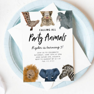 Anropa alla Party djur Safari Zoo Birthday Inbjudningar