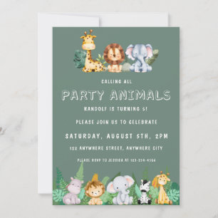 Anropa alla Party djur Safari Zoo Birthday Inbjudningar
