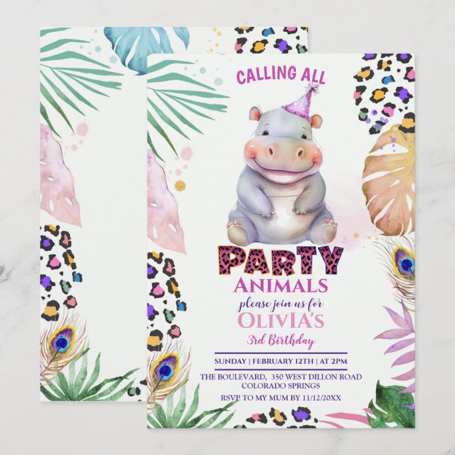 Anropa alla Party-djur till hippo-födelsedagsinbju Inbjudningar (Fram/baksida)