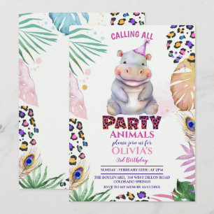 Anropa alla Party-djur till hippo-födelsedagsinbju Inbjudningar