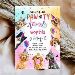 Anropa alla Party Pawty Animals Hundar Girl Birthd Inbjudningar