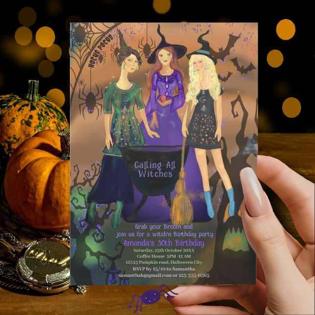 Anropa alla vittnen Halloween-födelsedagsinbjudan Inbjudningar (Calling All Witches Halloween Birthday Invitation)