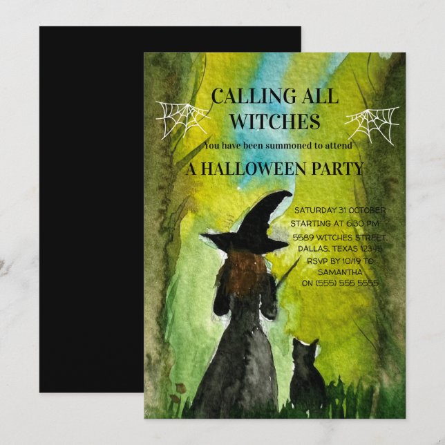 Anropa alla Witches Black Cat Spooky Halloween Inbjudningar (Fram/baksida)