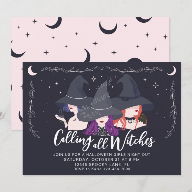 Anropa alla Witches Girls Night Halloween fest Inbjudningar (Fram/baksida)