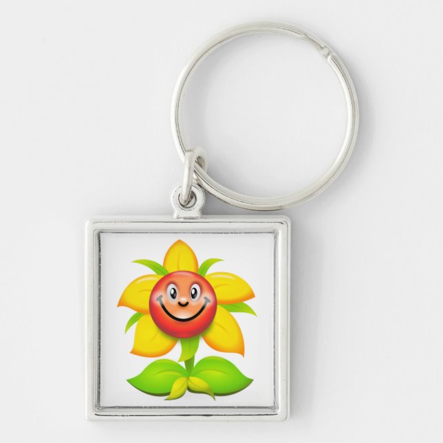 ANSIKTE FLOWER FYRKANTIG SILVERFÄRGAD NYCKELRING (Framsidan)