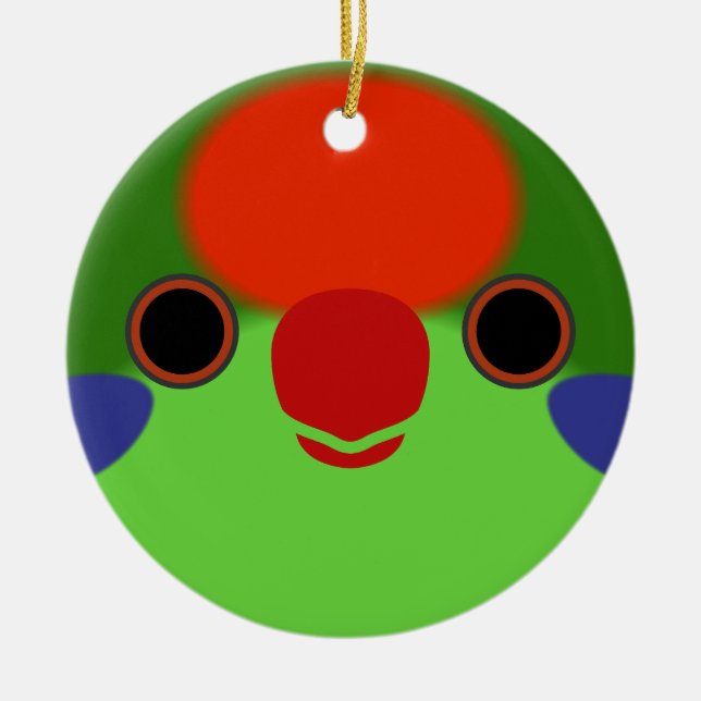 Ansikte i en rödfrontad lorikeet julgransprydnad keramik (Framsidan)