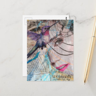 Ansikte och kolibri abstrakt blandad media collage vykort