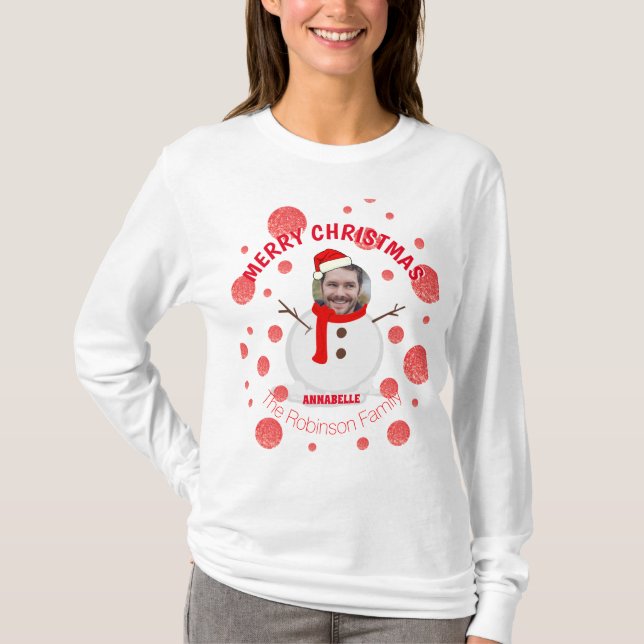 Ansikte Red Modern Snögubbe Familj Funny Julafton T Shirt (Framsida)