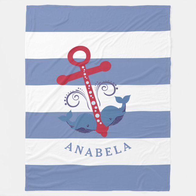 Ansjovis till sjöbåtar med valar i vitt rand fleecefilt (Framsidan)