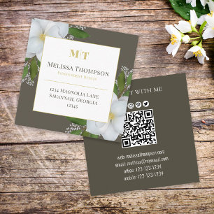 Anslut med mig QR-kod Blommigt Foliage Magnolia Fyrkantigt Visitkort