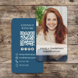 Anslut med mig | QR-kod - enkel modern fotoblå Visitkort