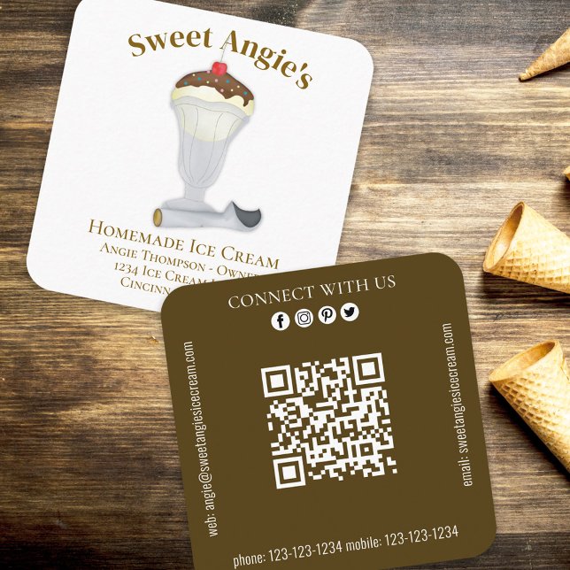 Anslut med mig | QR-kod Simple Bakery Ice Cream Fyrkantigt Visitkort (Skapare uppladdad)