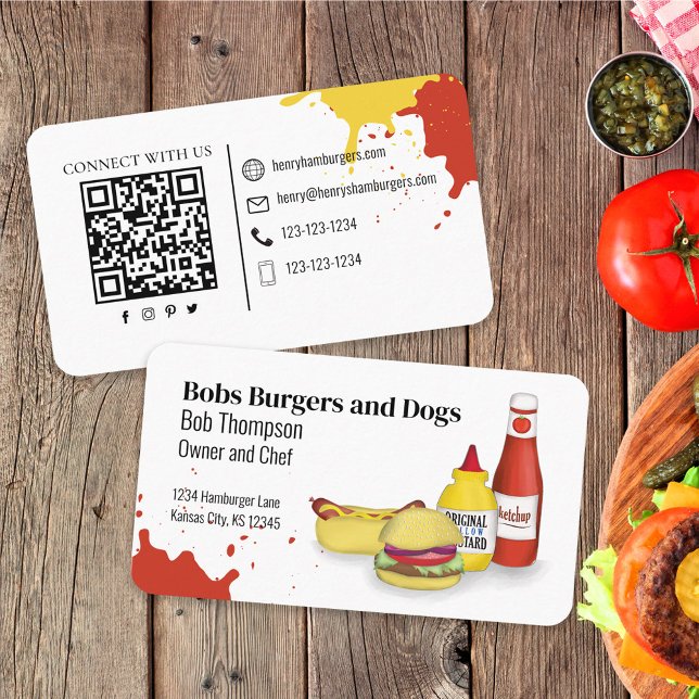 Anslut med mig | QR-kod Simple Hamburger Hotdog Visitkort (Skapare uppladdad)