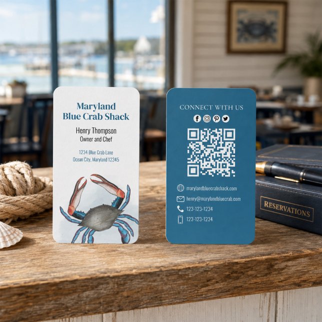Anslut med oss | QR-kod Blåkrabba Kusthavet Visitkort (Coastal blue crab business card designed for seafood restaurants, chefs and crab shacks.)