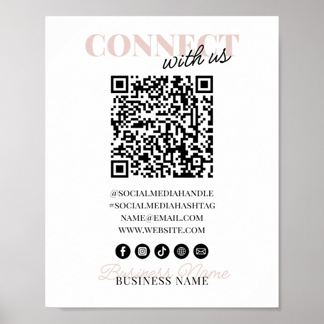 Anslut med USA QR Rosa Script Business Namn Poster (Framsidan)