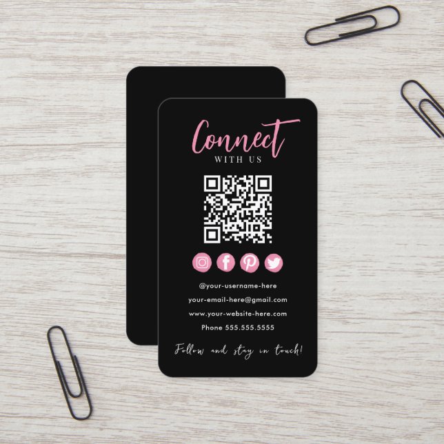 Anslut med USA Rosa Social Media Black QR-kod Visitkort (Fram/Back In Situ)