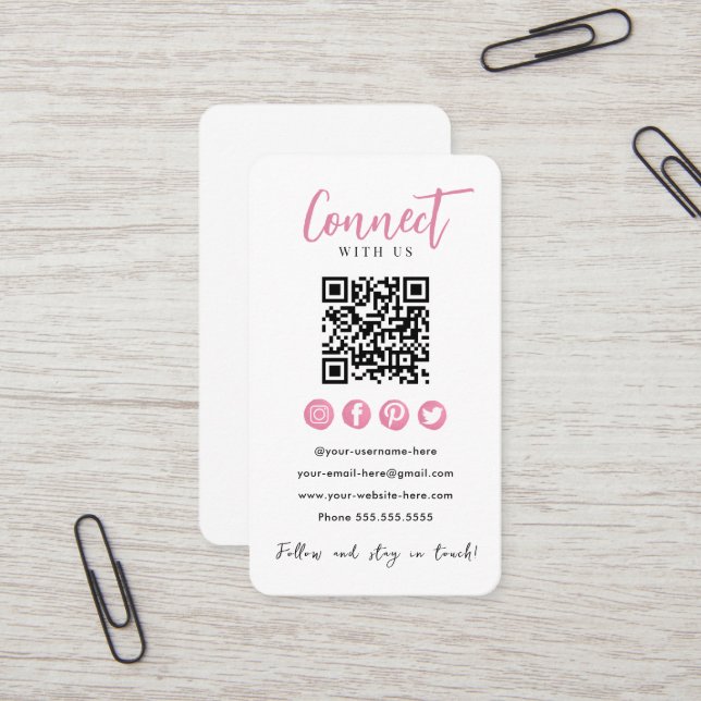 Anslut med USA Rosa Social Media White QR-kod Visitkort (Fram/Back In Situ)
