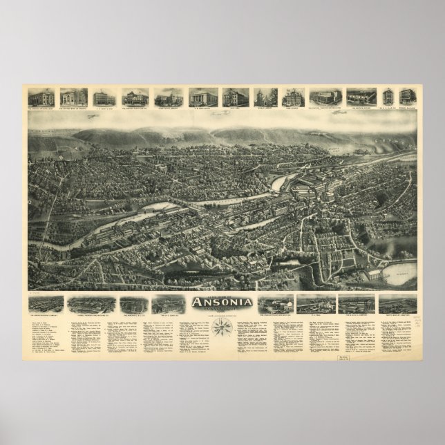 Ansonia Connecticut 1921 Antique Panoramic Karta Poster (Framsidan)