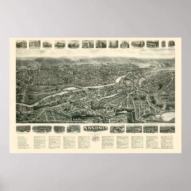 Ansonia, CT Panoramic Karta - 1921 Poster (Framsidan)