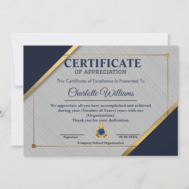 Anställdas erkännande certifikat Blå Guld Inbjudningar (Framsida)