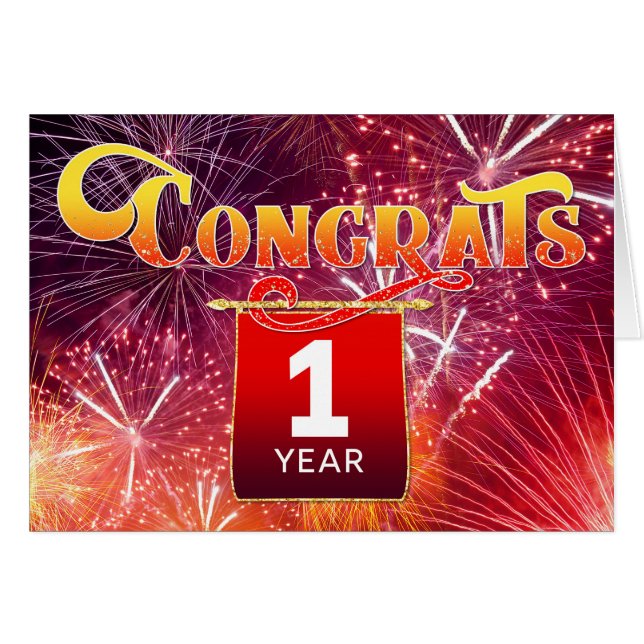 Anställningsårsdag 1 år Firande Fireworks Hälsningskort (Framsidan Horizontal)