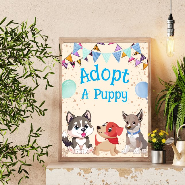Anta en marionettsignatur för födelsedagsfest poster (Adopt a puppy birthday party sign cute puppies blue writing party favor sign)