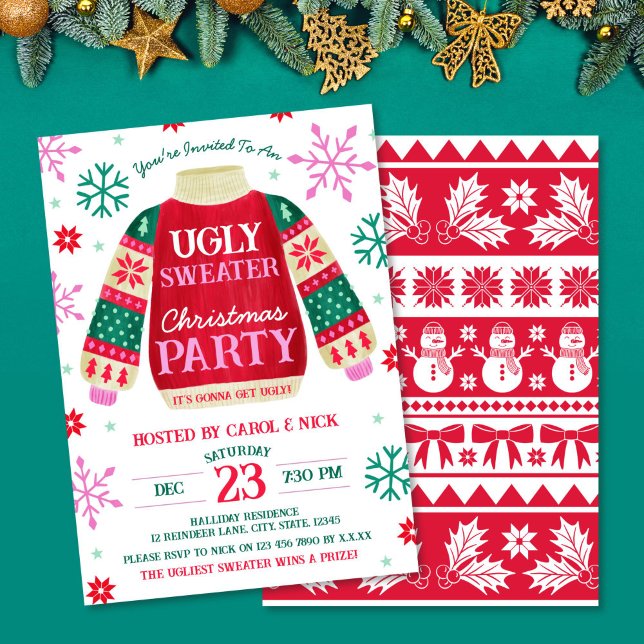 Anta Festive Ugly Sweater Party Red and Grönt Inbjudningar (Tacky Festive Ugly Sweater Party Red and Green Invitation)