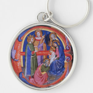 ANTAGANDE AV MAGI CHRISTMAS NATIVITY PARCHMENT RUND SILVERFÄRGAD NYCKELRING