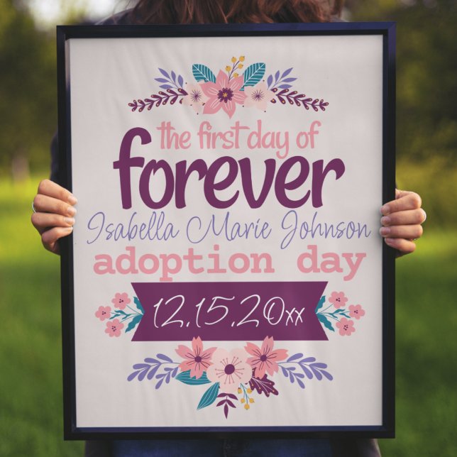 Antagningsdagstecknet "Första dagen i skogen" Post Poster (adoption day sign "first day of forever" custom name and adoption day date feminine pink flowers)