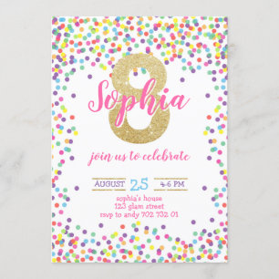 Antal flickor med färgad konfetti Guld 8:e födelse Inbjudningar