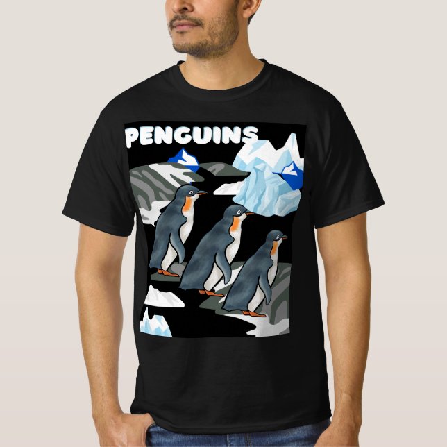 Antarktis Penguin Parad på svart Icey-bakgrund T Shirt (Framsida)