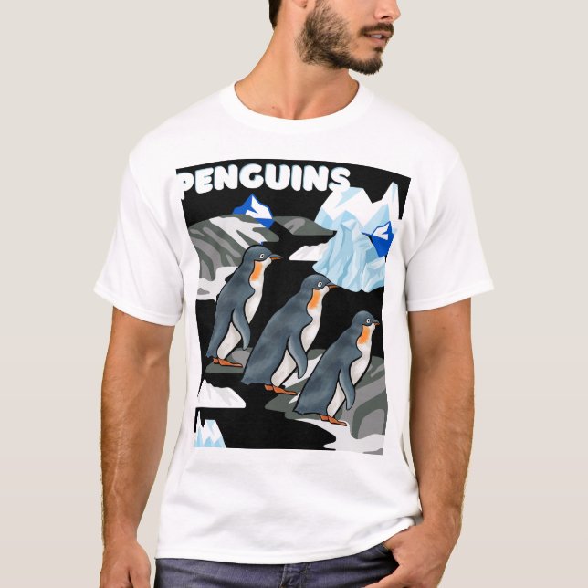 Antarktis Penguin Parad på svart Icey-bakgrund T Shirt (Framsida)