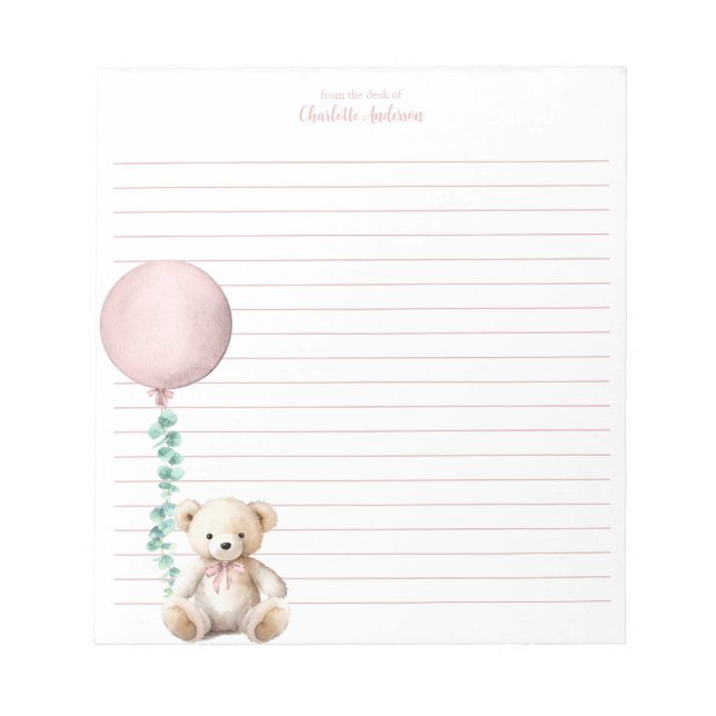 Anteckningsblock för rosa Nalle Balloon Personlig (Framsida)