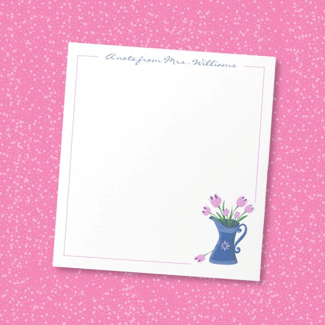 Anteckningsblock för tacksamhet till lärare (Pretty pink tulip bouquet in a blue jug personalized notepad . )