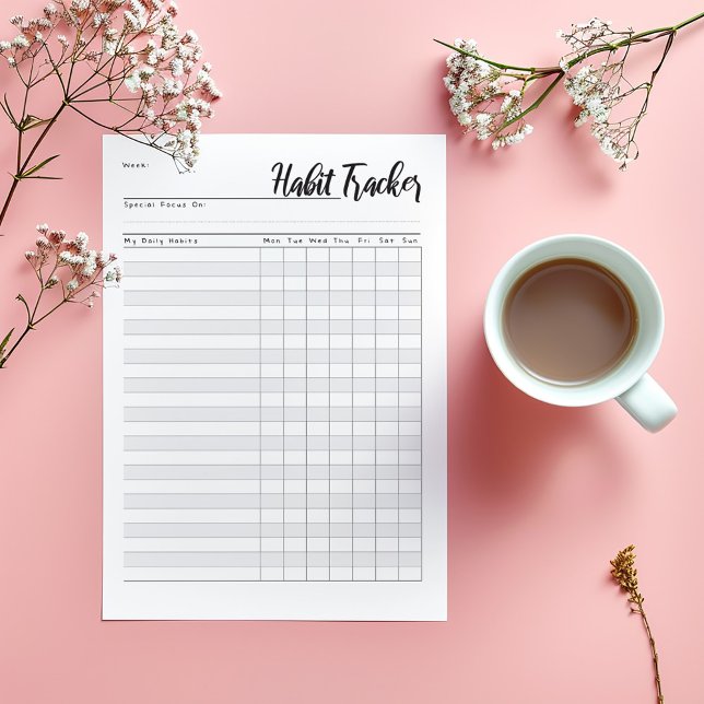 Anteckningsblock för veckovanesökare (Minimalist weekly planner pad with modern script and sections for daily tasks, goals, and gratitude.)