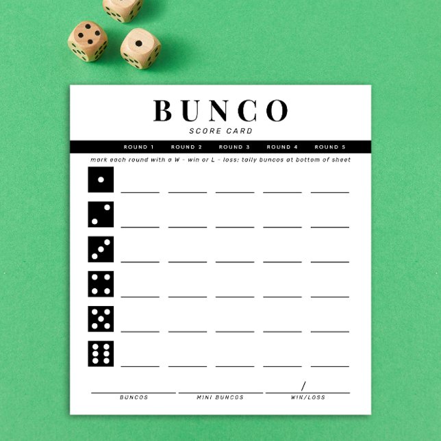 Anteckningsblock med enkelt svartvitt-kort (modern tear-off notepad Bunco score card with black dice graphics and accents)