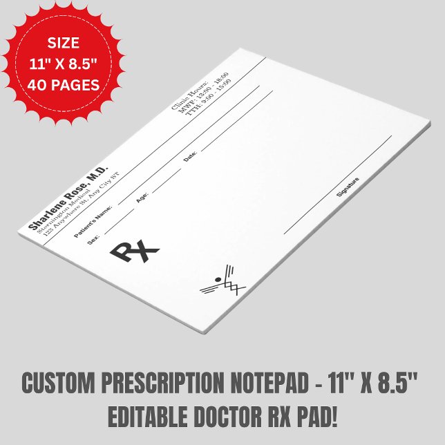 Anteckningsblocket anpassningsbar recept - rediger anteckningsblock (Custom Prescription Notepad – 11" x 8.5" Editable Doctor RX Pad!)