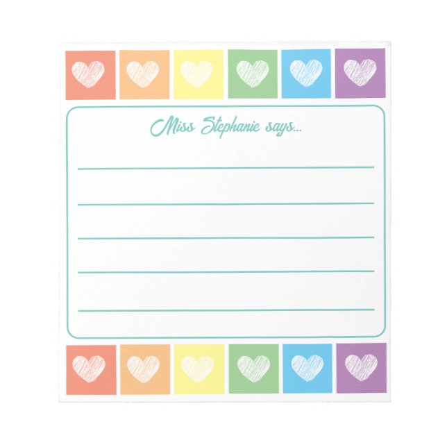 Anteckningsblocket Cute Rainbow och Hearts Teacher Anteckningsblock (Framsida)