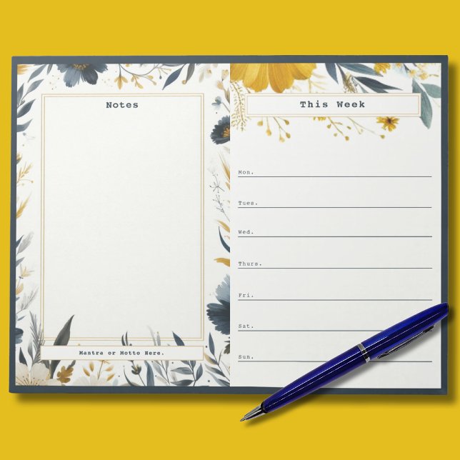 Anteckningsblocket för marin blått och Guld Blommi Anteckningsblock (Gold and Blue Floral Custom Weekly Calendar with Notes Section)