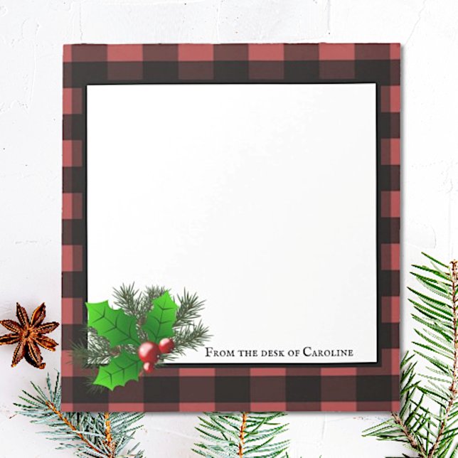 Anteckningsblocket jul Holly Buffalo Play Personli Anteckningsblock (Red Christmas Holly Buffalo Plaid Personalized Notepad)