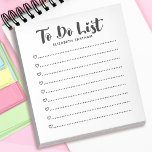 Anteckningsblocket Modern Simple Script To Do List Anteckningsblock<br><div class="desc">Ett enkelt och modernt svartvitt anteckningsblock med ord "att göra lista" i ett skriptteckensnitt. Anpassa det med ditt namn. Gör en roligt till Valentines day,  födelsedagar eller tillfälle! Designad av Blackberry Boulevard.</div>
