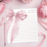 Anteckningsblocket rosa Coquette Bow - Elegant Pas Anteckningsblock<br><div class="desc">Ta med charm till ditt skrivbord eller barnduschfavörer med det här elegant rosa coquette-stil-anteckningsblocket, med en mjuk pastellbåge och förfinade skriptaccenter. Perfekt för sammanfogning av anteckningar, skapande att göra-listor eller presentering till gäster, det här anteckningsblocket blandar funktioner med feminin stil. Perfekt för en flicka firande, en banddriven dusch eller daglig...</div>