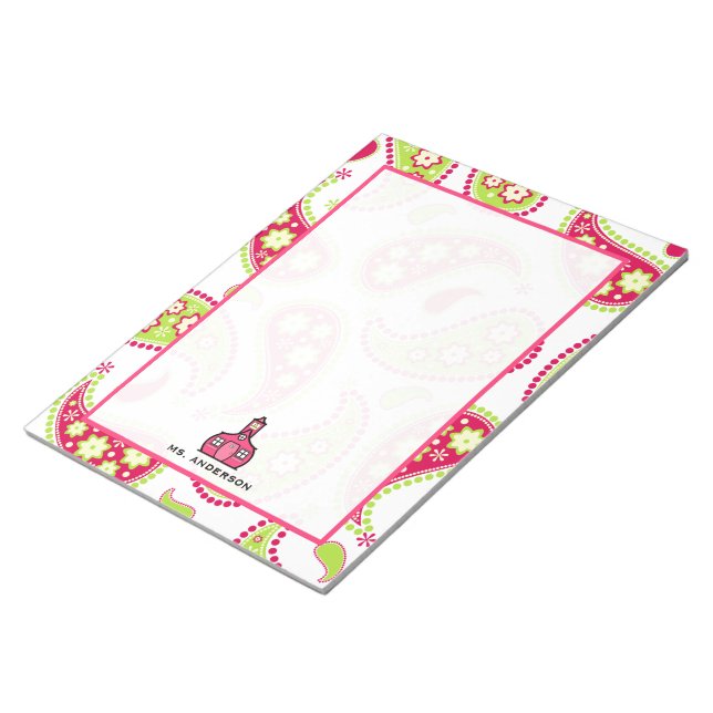 Anteckningsblocket rosa och Grönt Paisley Teacher Anteckningsblock (Vinklad)