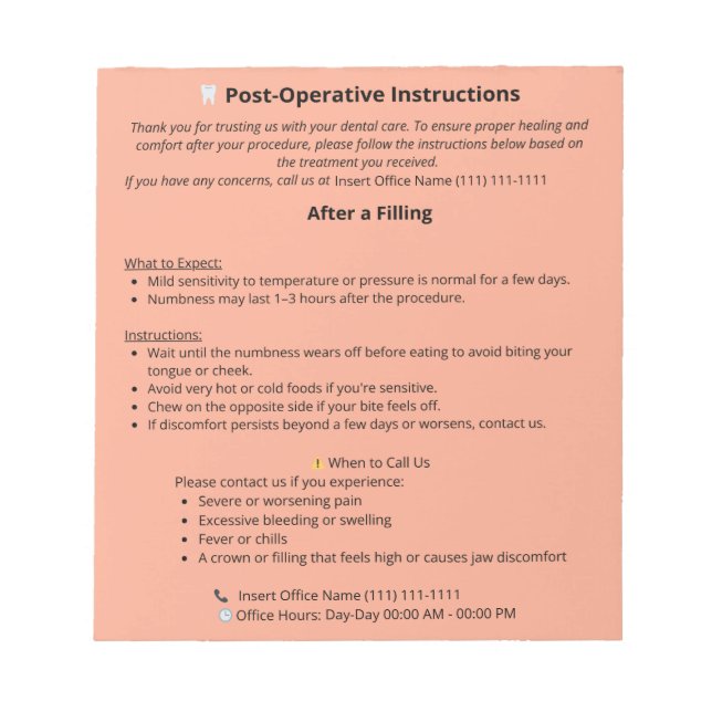 Anteckningsblocket Tandpostinstruktioner (Fyllning Anteckningsblock (Framsida)