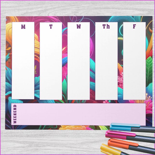 Anteckningsblocket Vibrant Tropical Blommigt Weekl Anteckningsblock (5-day weekly horizontal calendar notepad with spot for weekend or notes. )