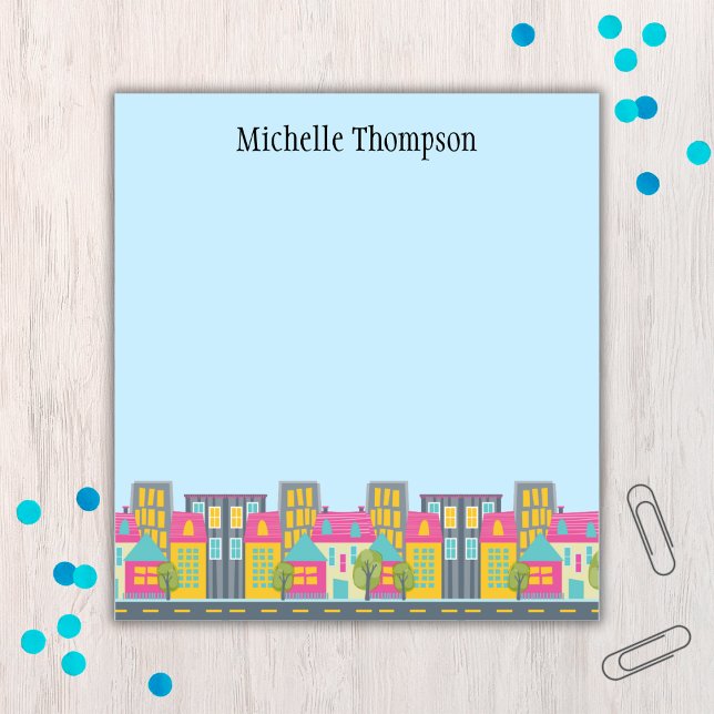 Anteckningsblocket vid Whimsique City Scene Real G Anteckningsblock (Personalized real estate agent notepad)