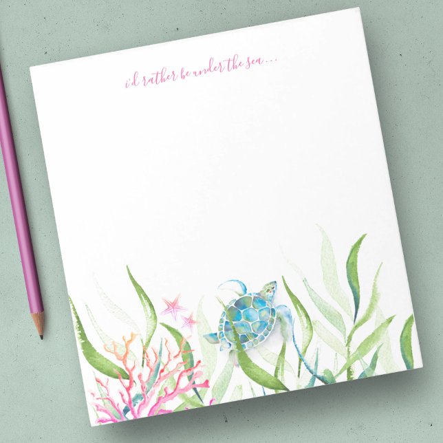 Anteckningsblocket Watercolor Sea Turtle Beach Sta Anteckningsblock (Notepad features watercolor sea turtle, coral, starfish underwater botanicals Victoria Grigaliunas)