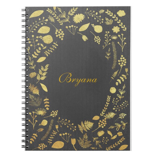 Anteckningsbok i kolgrå och falskt guld med blommo (Framsidan)