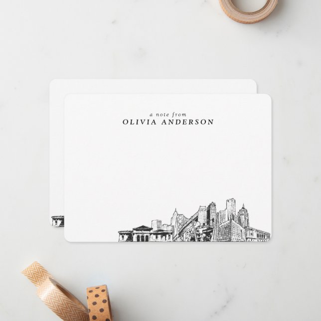 Anteckningskort för Detroit Skyline Sketch-Personl (Fram/Back In Situ)