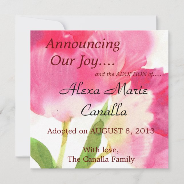 Anteckningskort för rosa Tulip-adoption (Framsida)